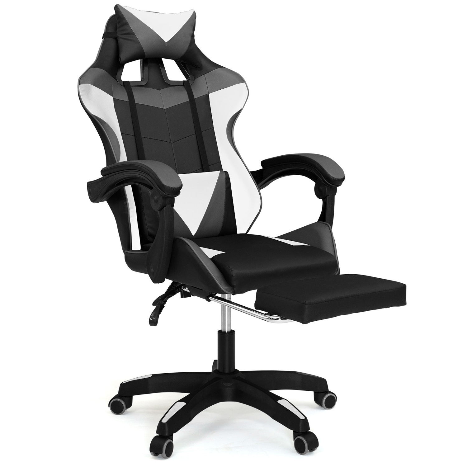 Fauteuil gamer réglable, inclinable avec repose-pied et coussins noir, blanc et gris