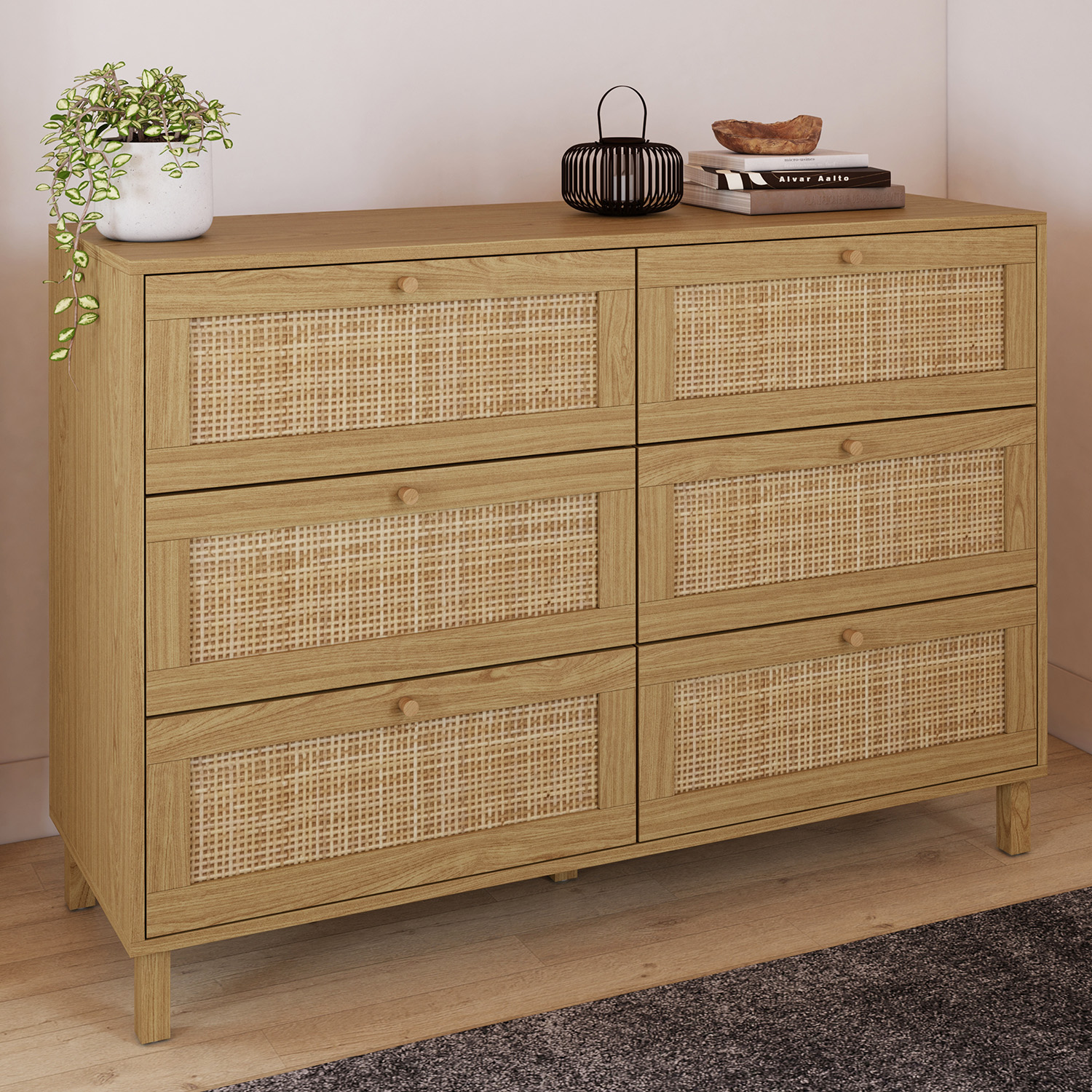Commode cannage effet naturel avec 6 tiroirs