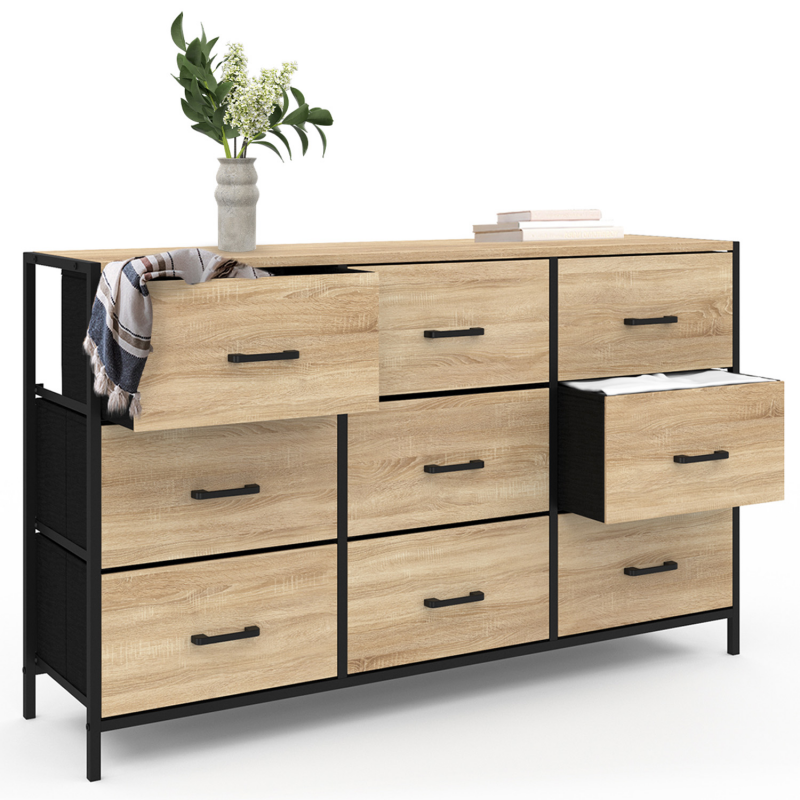Commode 9 Tiroirs En Tissu Avec Motif Fleur Vintage – Cadre Métal – Rangement Chambre, Salon, Entrée – Marron Rustique - 8