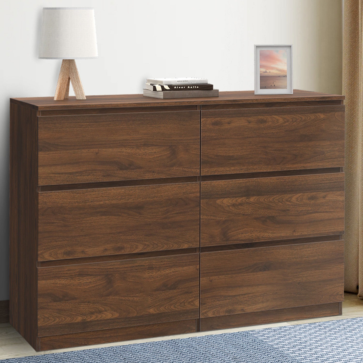 Commode en bois effet noyer avec 6 tiroirs 110 cm