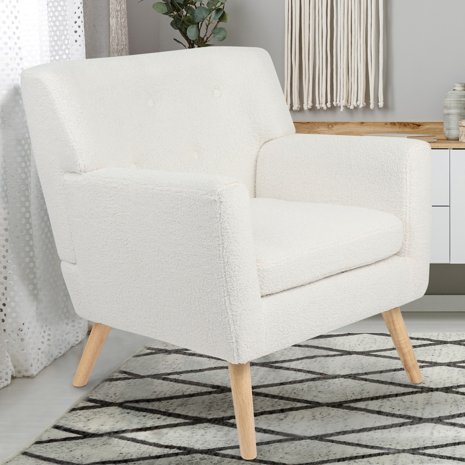 Fauteuil scandinave en tissu bouclette blanc