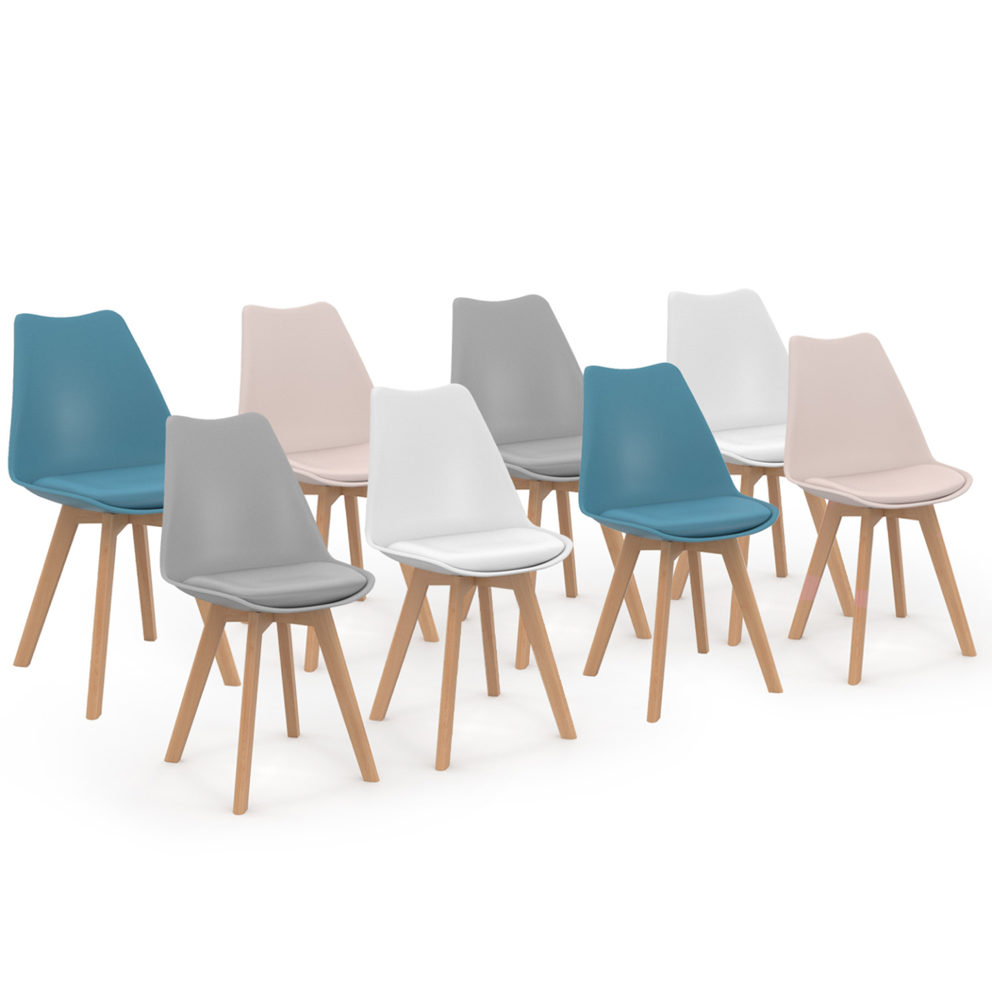 Set x8 Scandinavische stoelen, roze, wit, grijs & blauw | IdMarket België