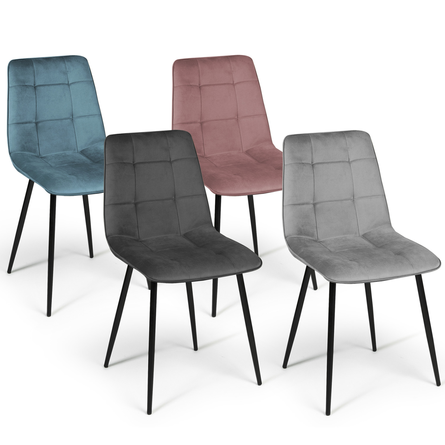 Lot De 4 Chaises ROBINE En Velours - Mix De Couleurs Pastel (bleu, Gris Clair, Gris Foncé, Rose) - Pieds Bois Noir