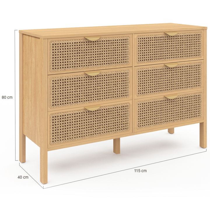 Commode 6 tiroirs EDHEN 115 cm cannage coloris bois Commode 6 tiroirs EDHEN 115 cm cannage coloris bois