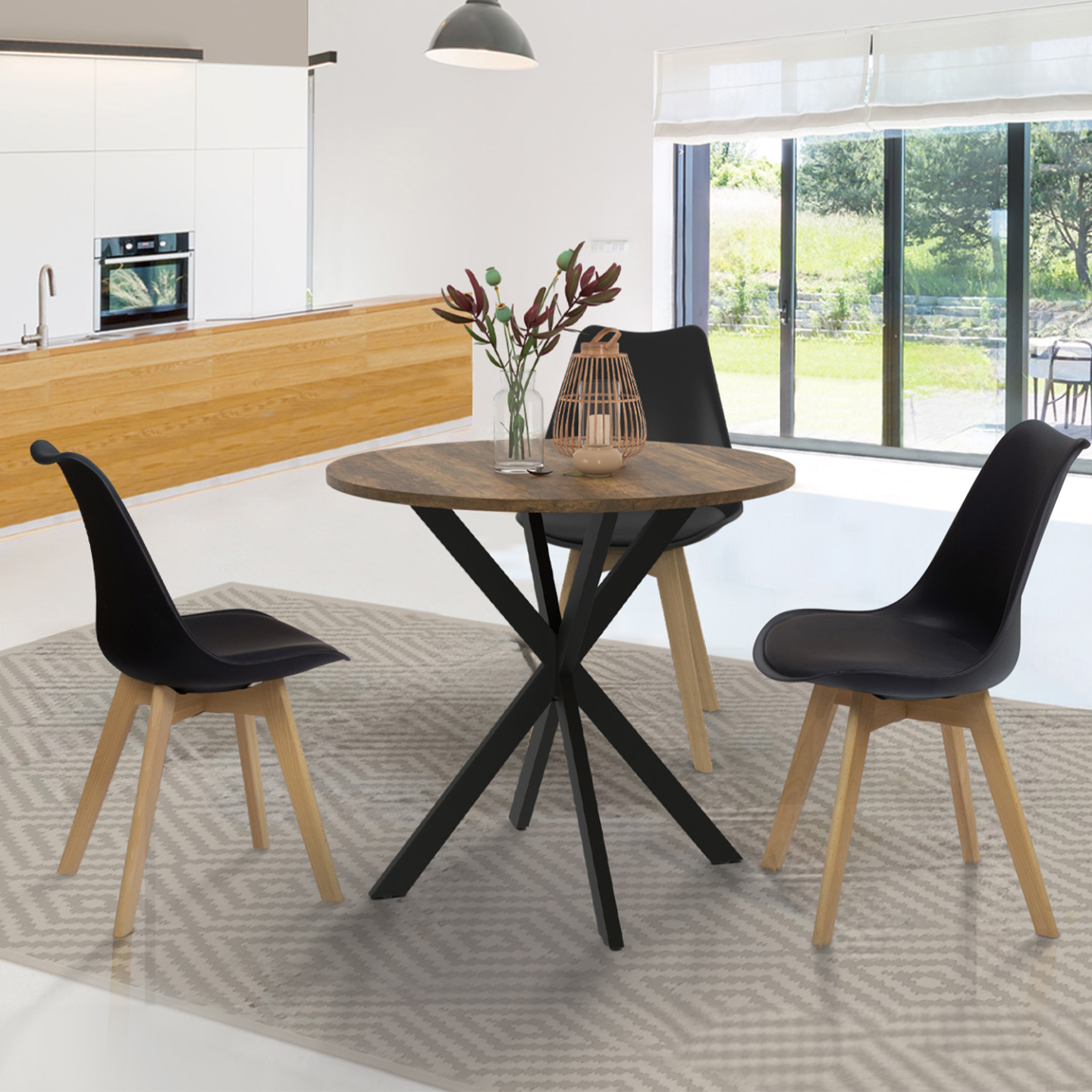Ensemble Table à Manger Ronde ALIX 110 Cm Bois + 4 Chaises SARA Noires - Style Moderne Et Scandinave