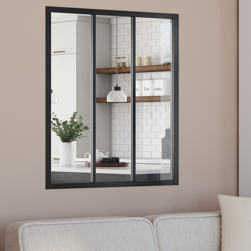 Verrière Atelier IDMarket 93x108cm - 3 Vitrages Verre Trempé, Métal Noir, Style Industriel