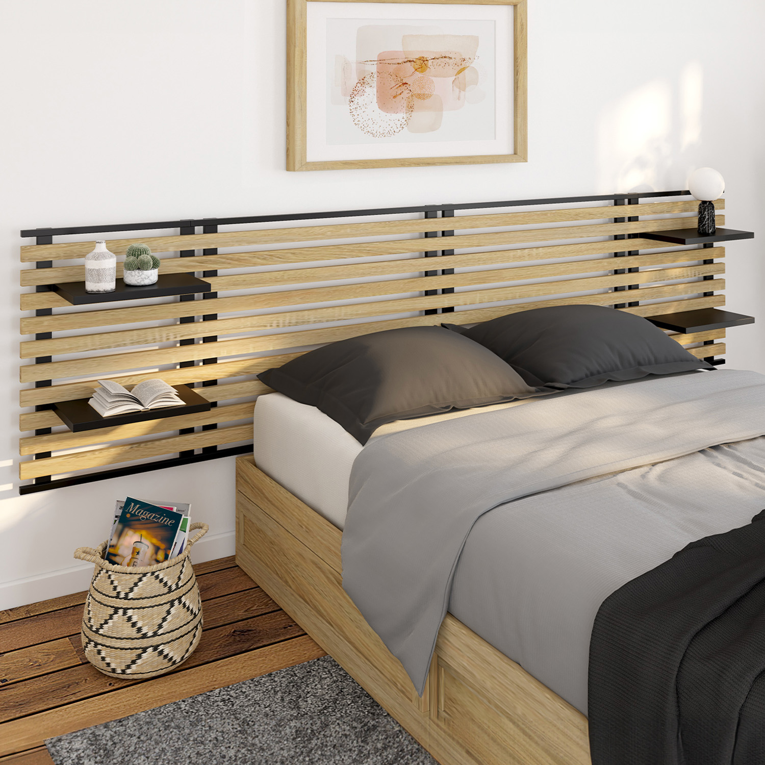 Tête de lit industrielle en lattes bois et métal avec étagères
