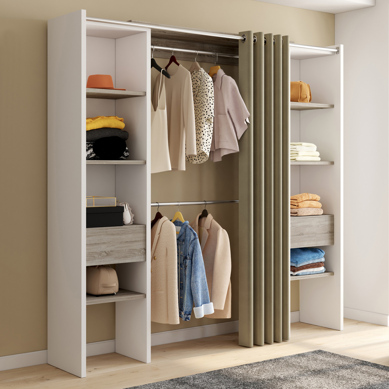 Dressing extensible double blanc et bois avec rideau taupe