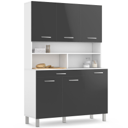 15138 - Cassettiera da cucina bianca e grigia 120 cm Buffet de cuisine 120 CM CINA meuble 6 portes gris brillant et structure blanche + tiroir