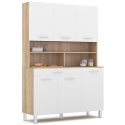 15656 - Cassettone da cucina in legno bianco e faggio 120 cm Buffet de cuisine 120 CM CINA meuble 6 portes façon hêtre et structure blanche + tiroir