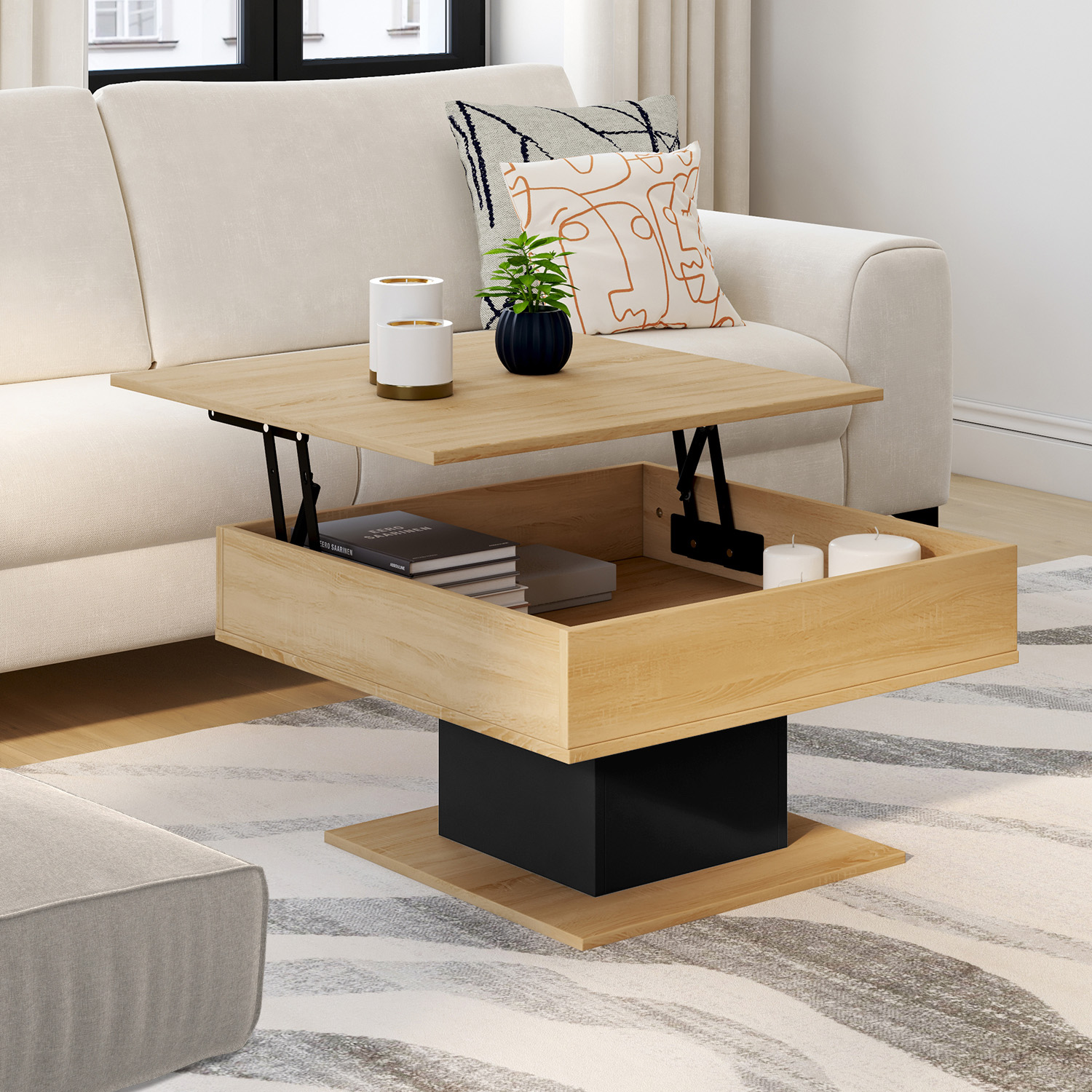 Table basse carrée bois et noir avec plateau relevable
