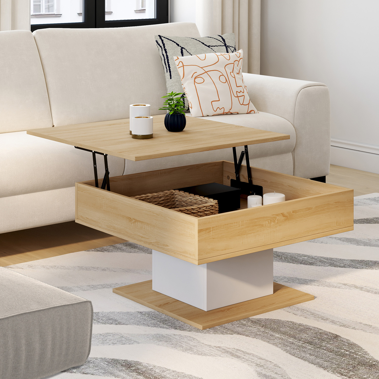 Table basse carrée bois et blanc avec plateau relevable