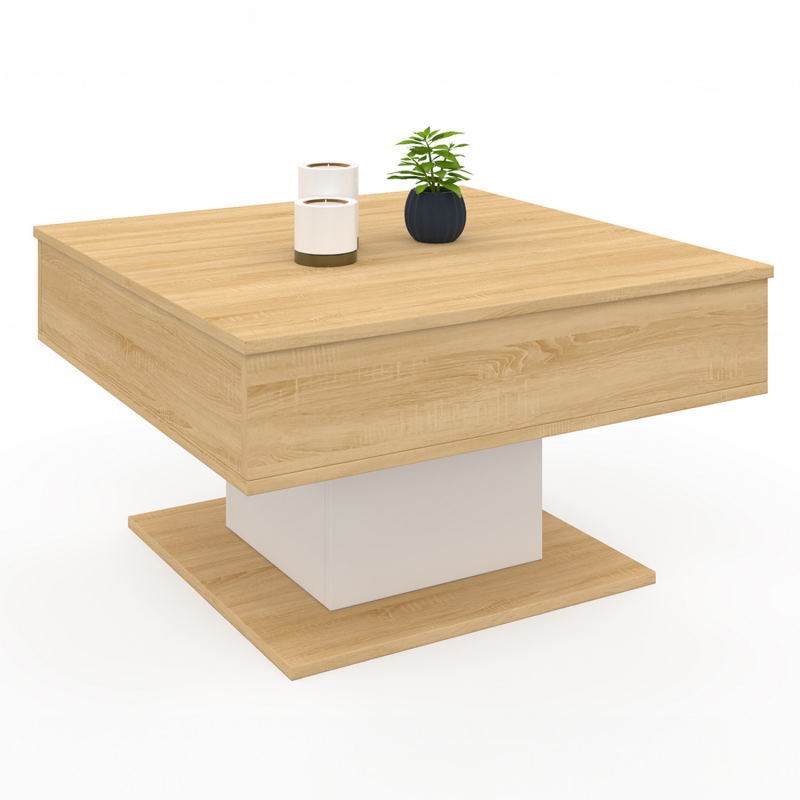 Table Basse Rectangulaire Relevable Elea - Transformable En Table à Manger, Rangement Intégré, Bois Noir Et Effet Hêtre