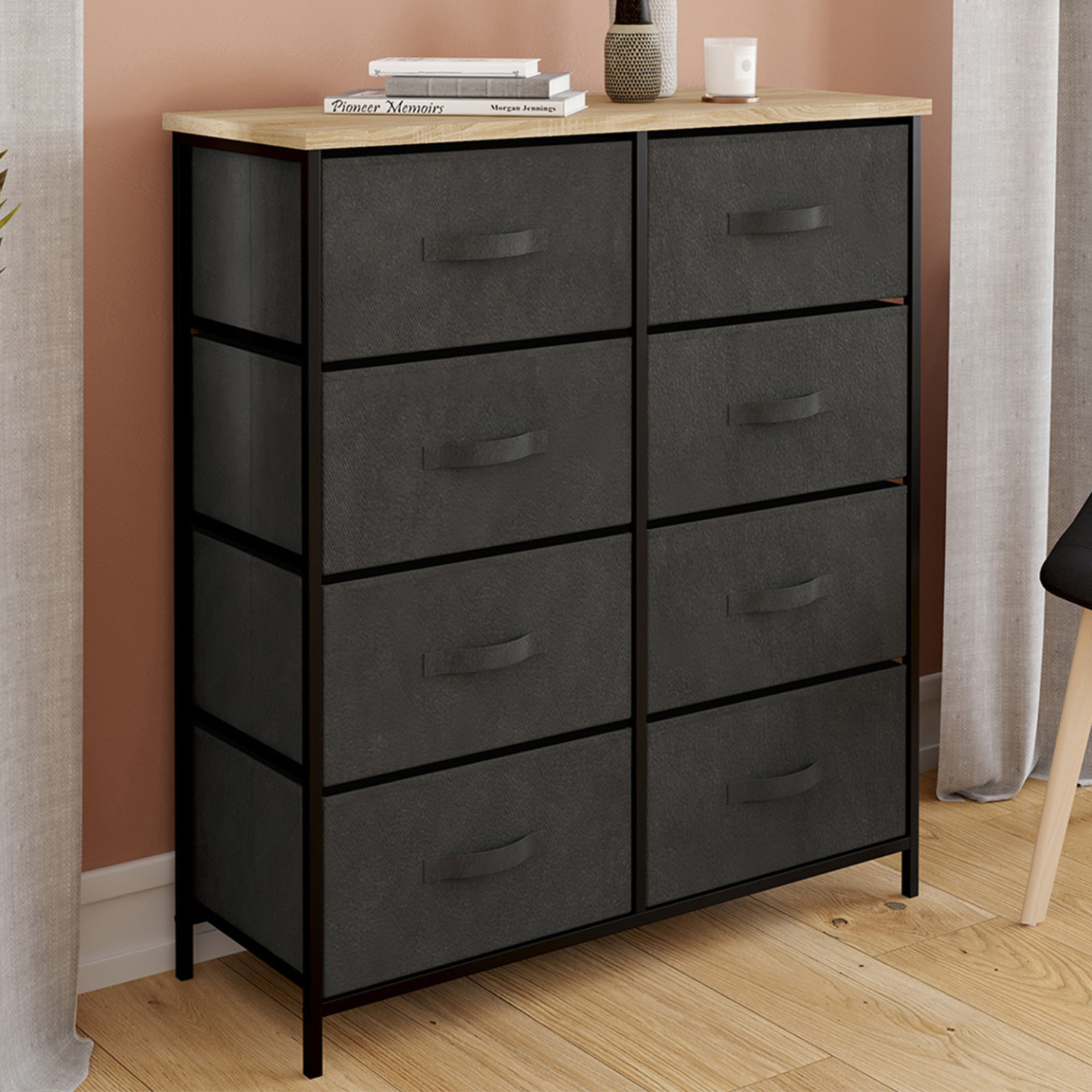 Cassettiera Furnulem Con 8 Cassetti In Tessuto, Mobile TV Per 55 Pollici, Struttura In Metallo, Rovere Nero, Per Camera Da Letto E Soggiorno