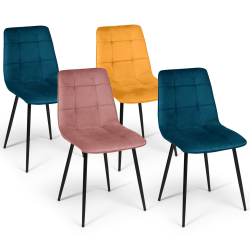 16202 - Chaises en velours mix color (bleu, jaune et rose) : lot de 4 Lot de 4 chaises MILA en velours mix color bleu x2, jaune ocre, rose
