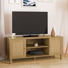 Meuble TV Vintage HANAE 140 Cm Effet Cannage - 3 Portes, Plateau Pour TV Jusqu'à 55", Couleur Bois Clair
