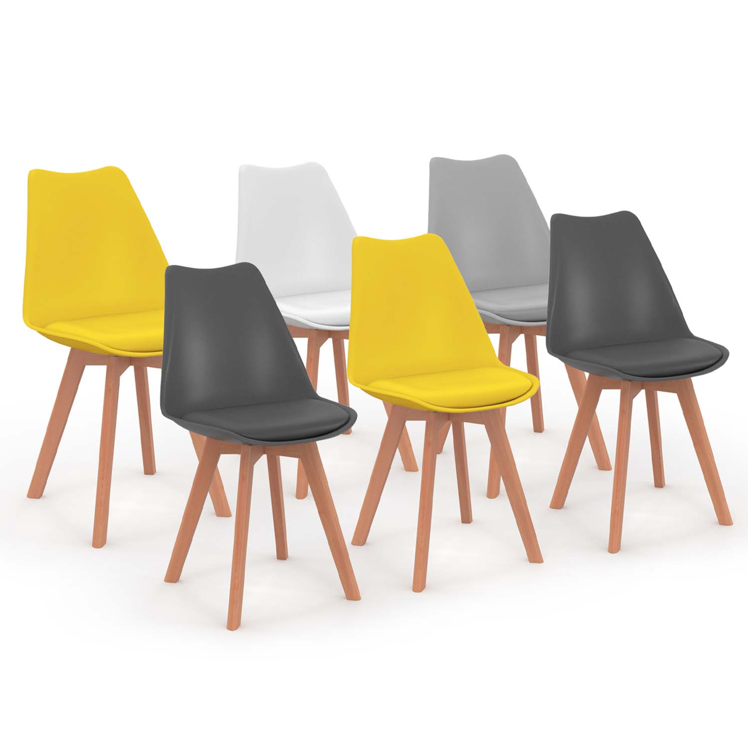 Chaises scandinaves mix color grises, blanches et jaunes