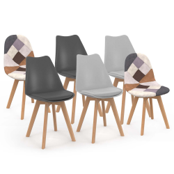 15377 - Sillas escandinavas mezcla de colores: gris oscuro, gris claro, marrón patchwork Lot de 6 chaises scandinaves SARA gris foncé x2, gris clair x2 et patchworks marron x2
