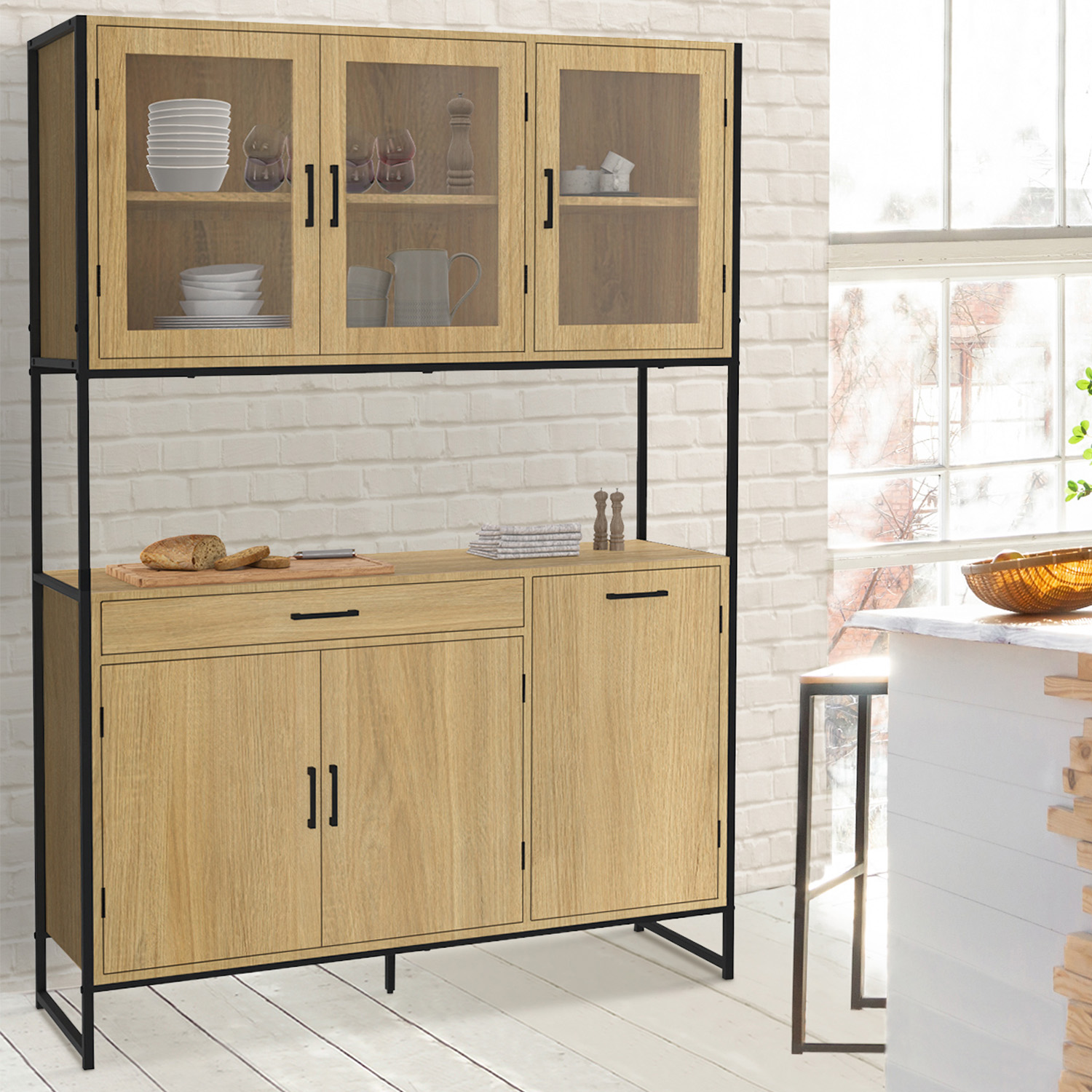 Vaisselier industriel 6 portes buffet de cuisine vitré 120 cm