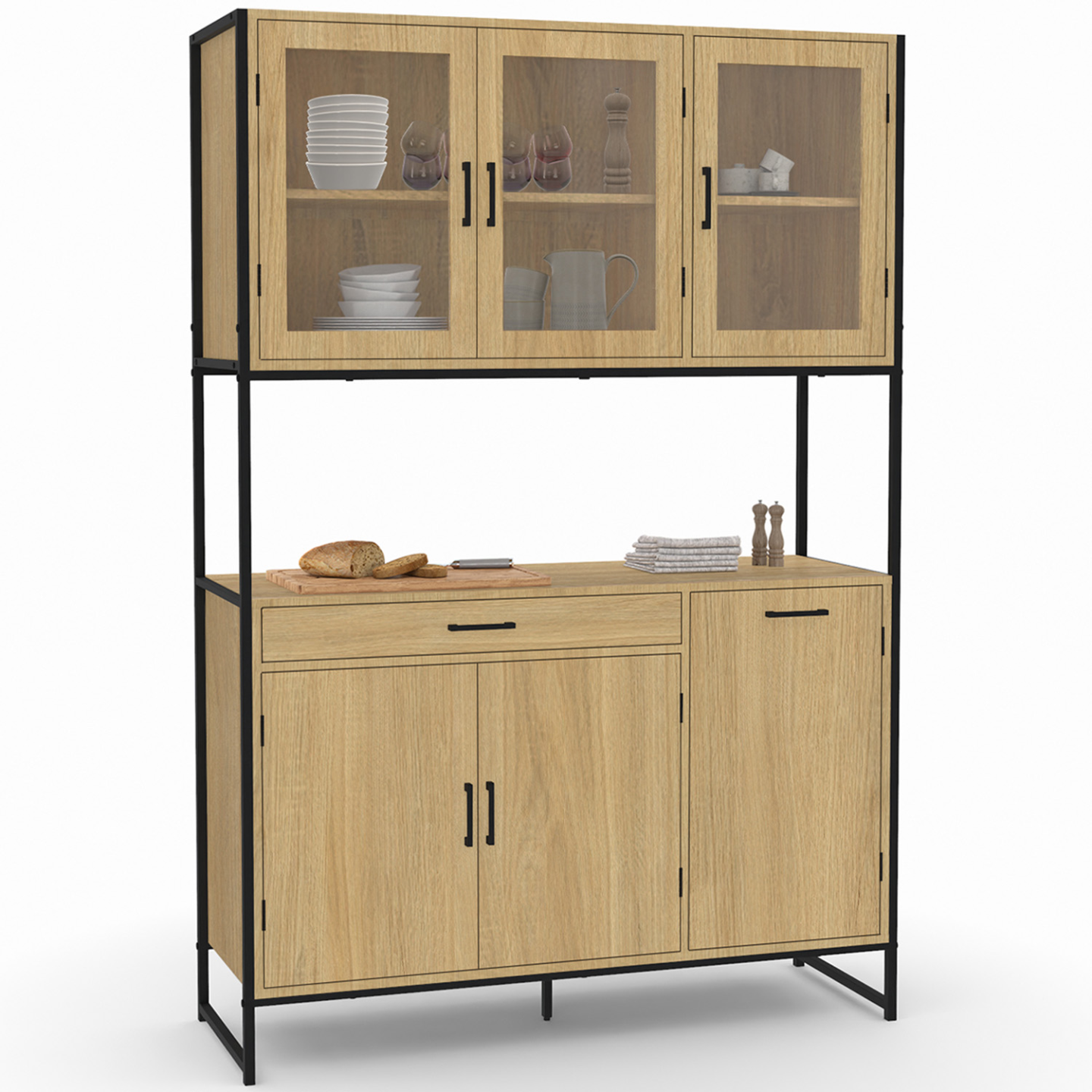 Buffet 140 cm JABA 4 portes avec rebord blanc et plateau bois façon hêtre - Gamm vert Buffet 140 cm JABA 4 portes avec rebord blanc et plateau bois façon hêtre - Gamm vert