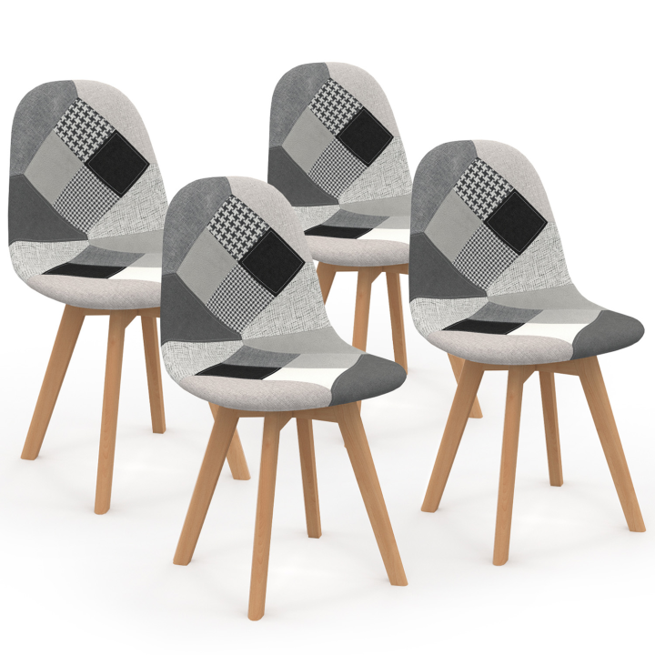 Lot de 4 chaises scandinaves SARA motifs patchworks noirs, gris et blancs Lot de 4 chaises scandinaves SARA motifs patchworks noirs, gris et blancs