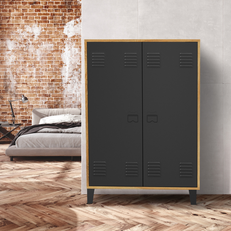 Armoire Vestiaire ESTER - Style Industriel Bois Et Métal Noir - Rangement 3 étagères - 133 Cm