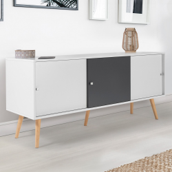 13057 - Credenza scandinava in legno bianco e grigio EFFIE Buffet bas scandinave 135 cm EFFIE 3 portes bois blanc et gris