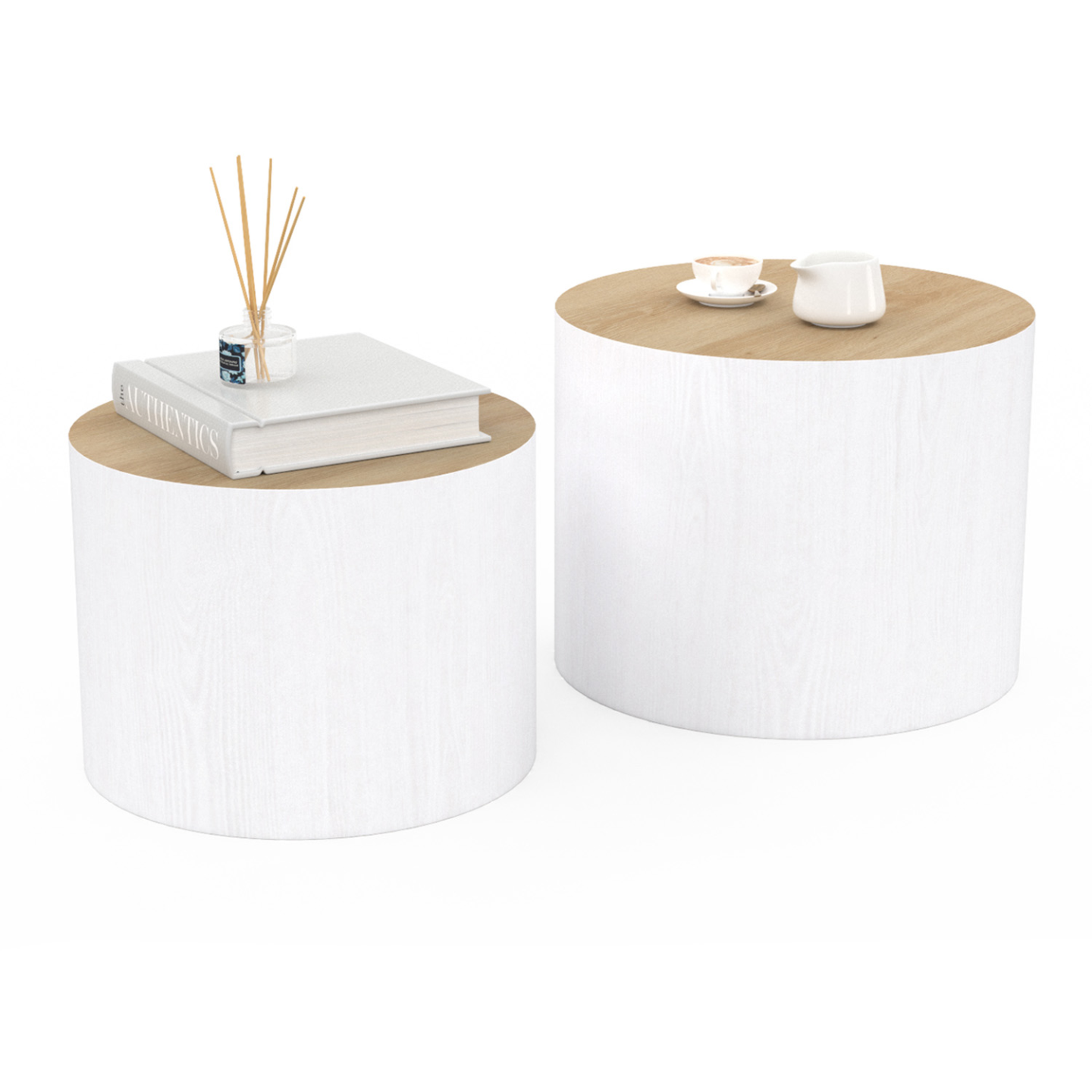 Recherche Table Basse Tables Basses Gigognes IDMarket Galia - Lot De 2 Cylindres Bois Et Blanc - Design Moderne Id Market Table Basse Ronde