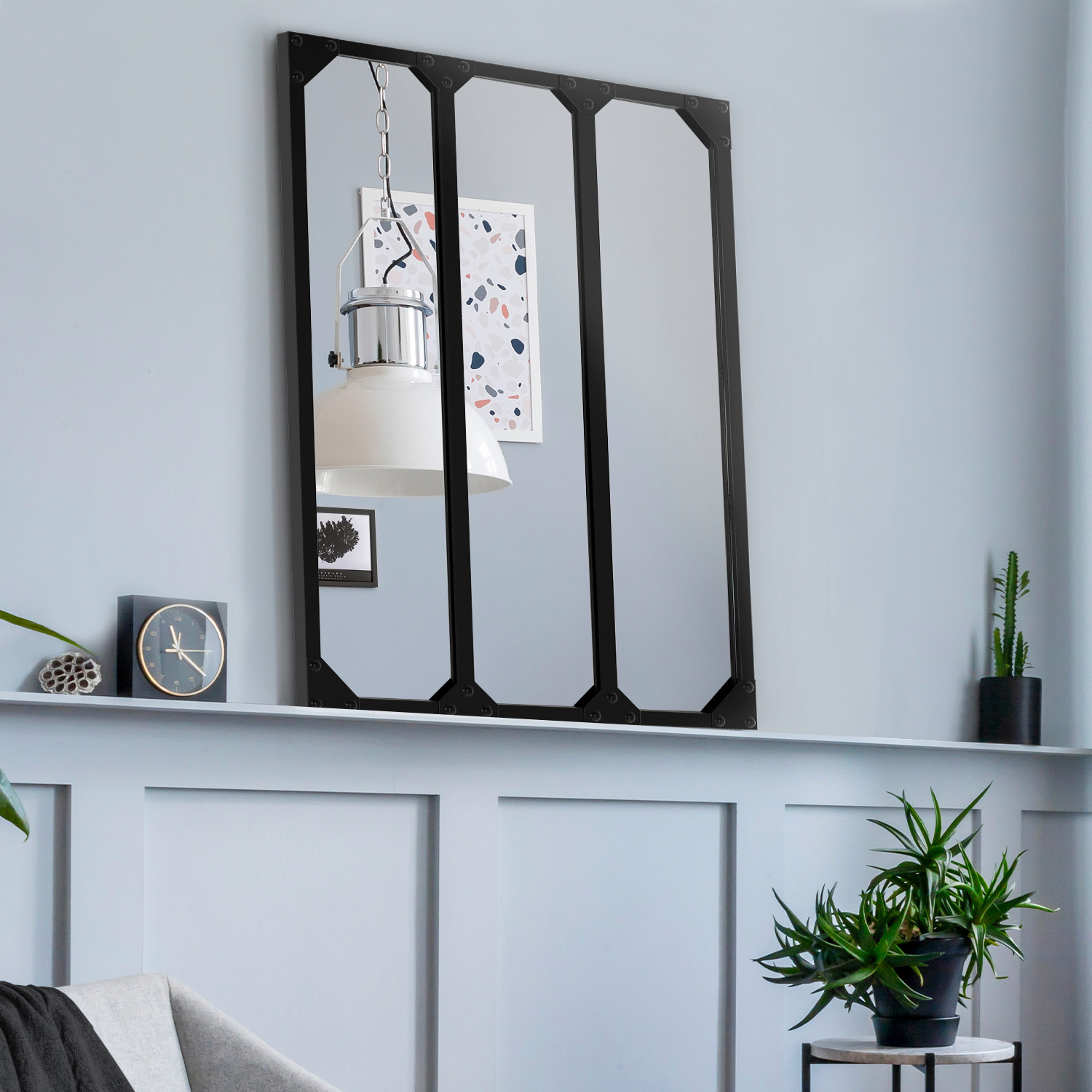 Miroir Verrière 3 Bandes Industriel 60x80 Cm - Design Métal Noir - Déco Loft New-Yorkais - Fixation Murale Incluse