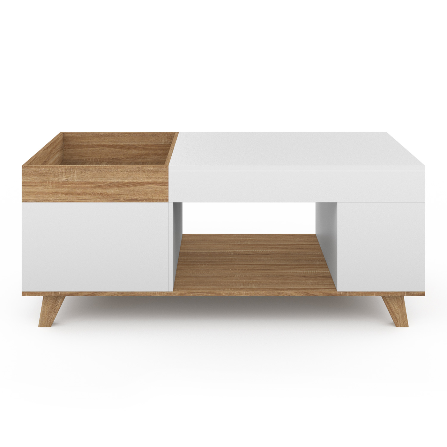 Table Basse Plateau Relevable EDEN Bois Et Blanc - Transformable En Table à Manger