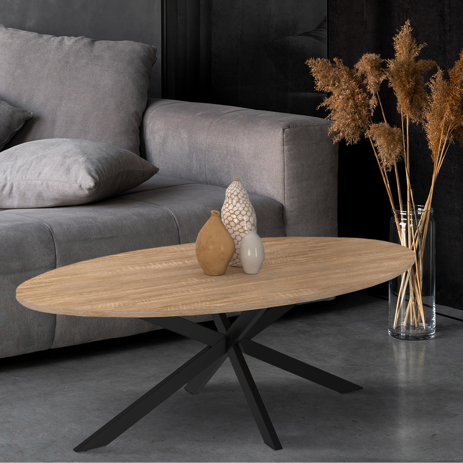 Table basse ovale bois et métal noir avec pied araignée