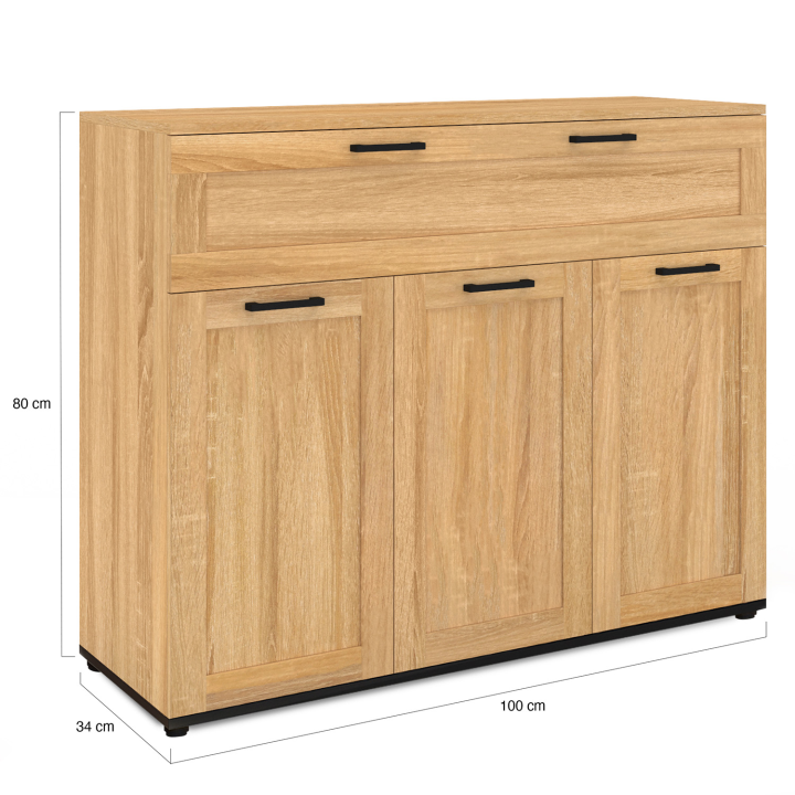Buffet 100 cm VITO 3 portes et 1 tiroir façon hêtre et poignées noires Buffet 100 cm VITO 3 portes et 1 tiroir façon hêtre et poignées noires