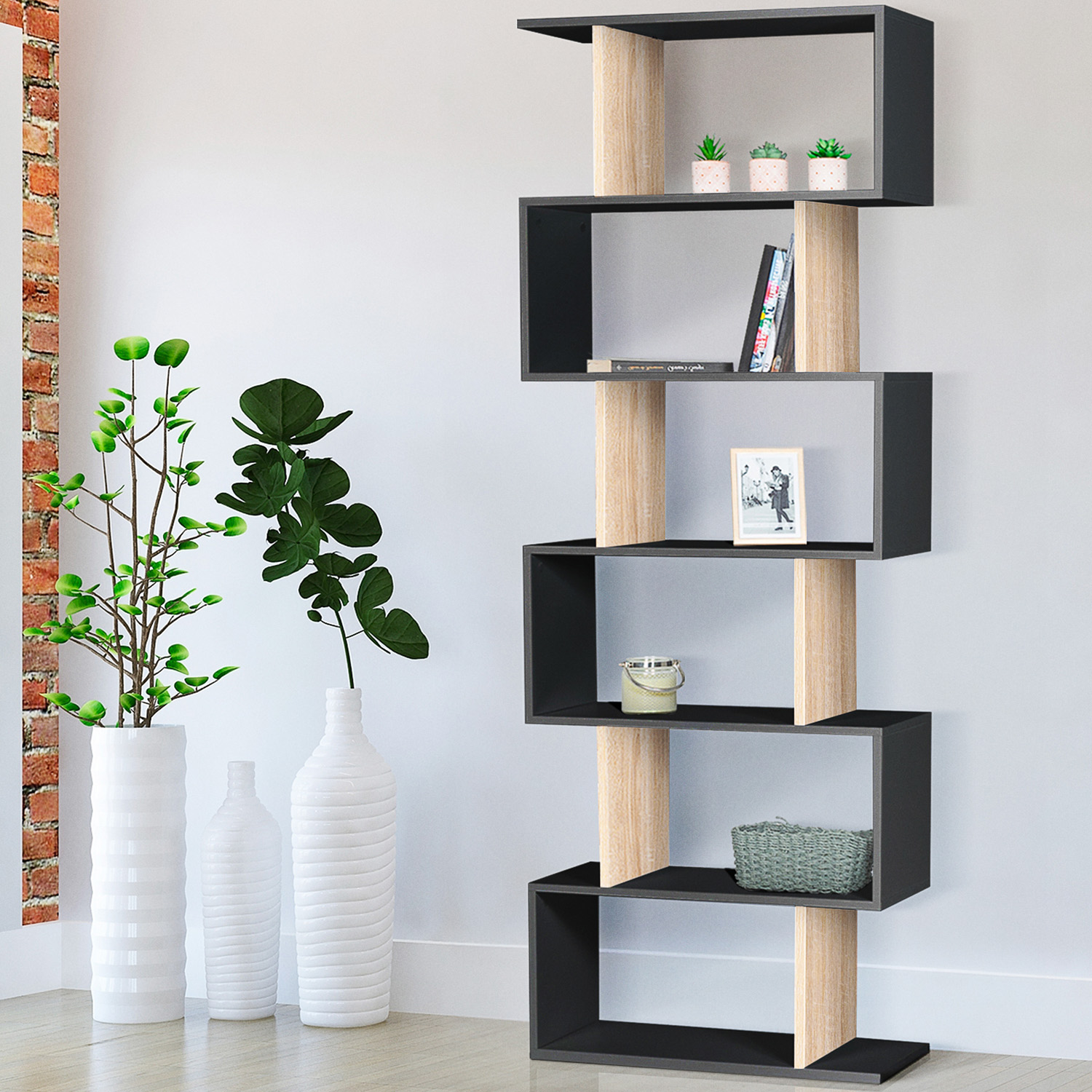 Étagère bibliothèque en S 189cm bois façon hêtre et noir