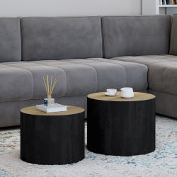 16126 - Tables basses cylindres gigognes bois et noir : lot de 2 Lot de 2 tables basses cylindres gigognes GALIA bois et noir