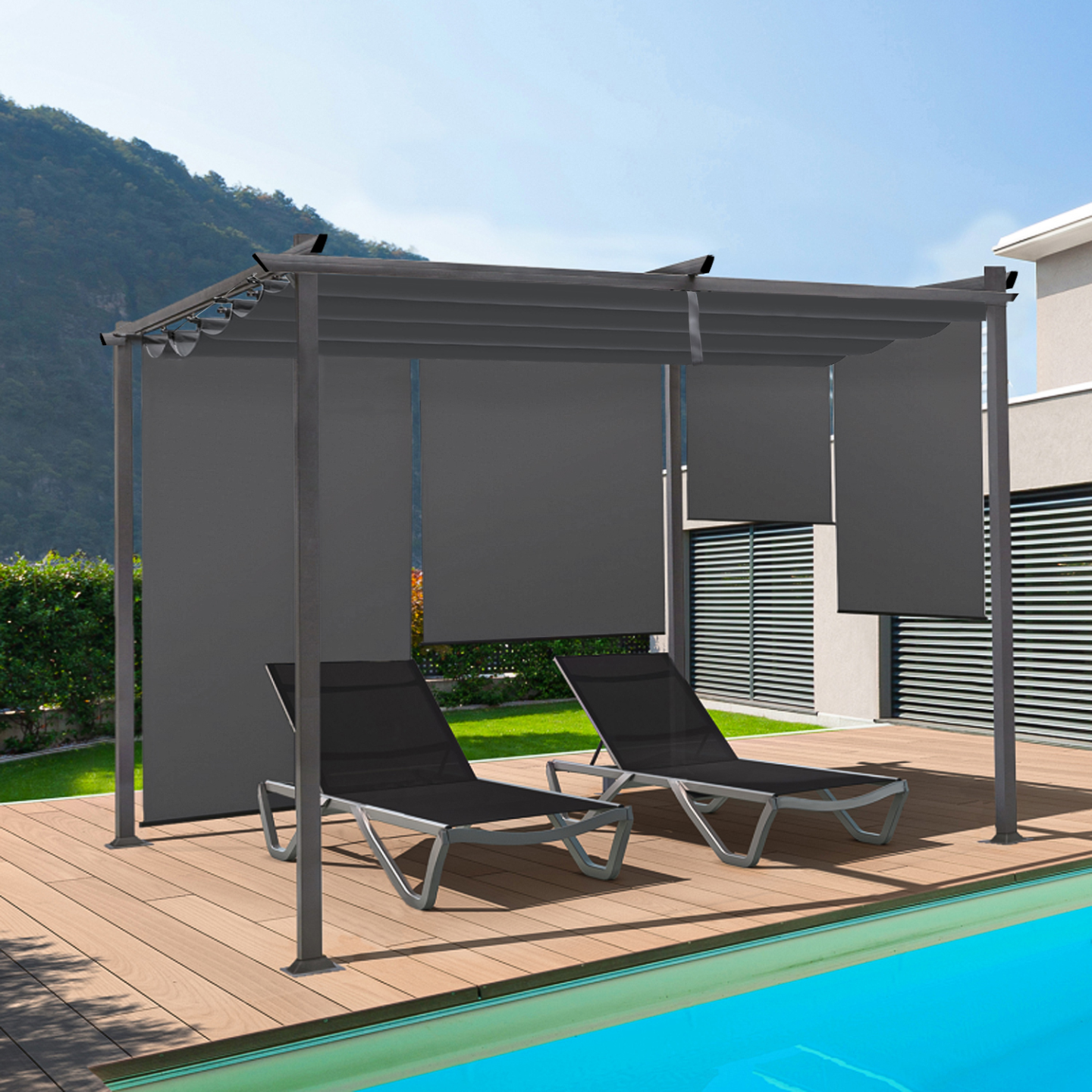 Toit Coulissant Pour Pergola 3x2,4 M - Tissu Oxford 210D Imperméable UV50+ - Gris