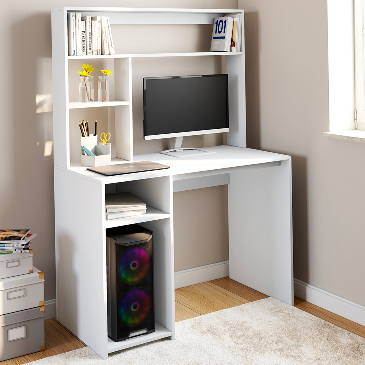 Bureau D'angle Bestier En L Avec étagères – 240cm – Gris – 4 Tiroirs – Neuf