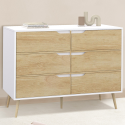 16300 - Commode scandinave blanche effet hêtre Commode 6 tiroirs HELSINKI 115 cm scandinave blanc et effet hêtre
