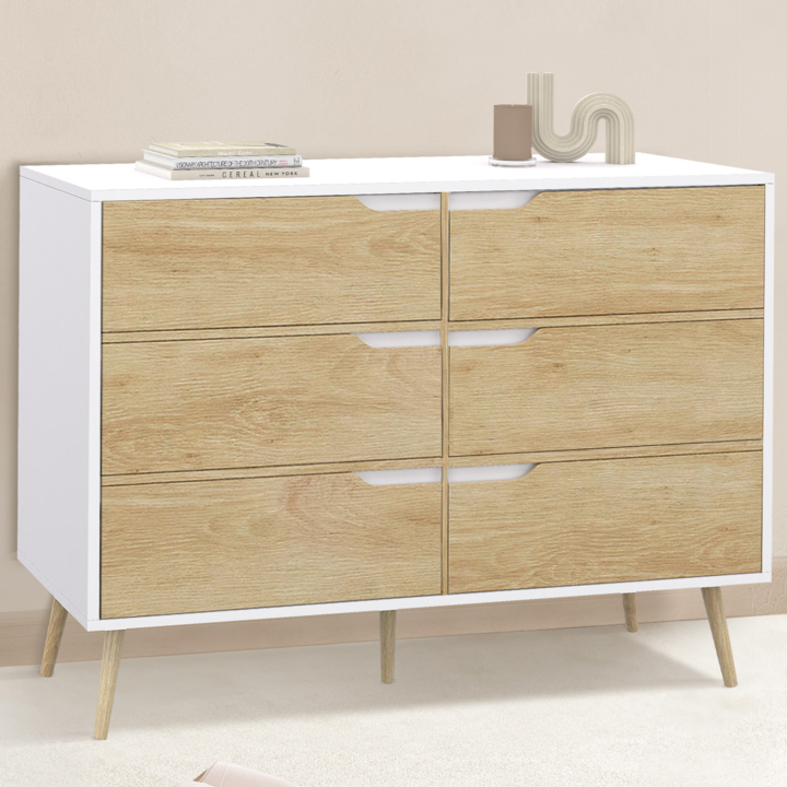 Commode 6 tiroirs HELSINKI 115 cm scandinave blanc et effet hêtre Commode 6 tiroirs HELSINKI 115 cm scandinave blanc et effet hêtre