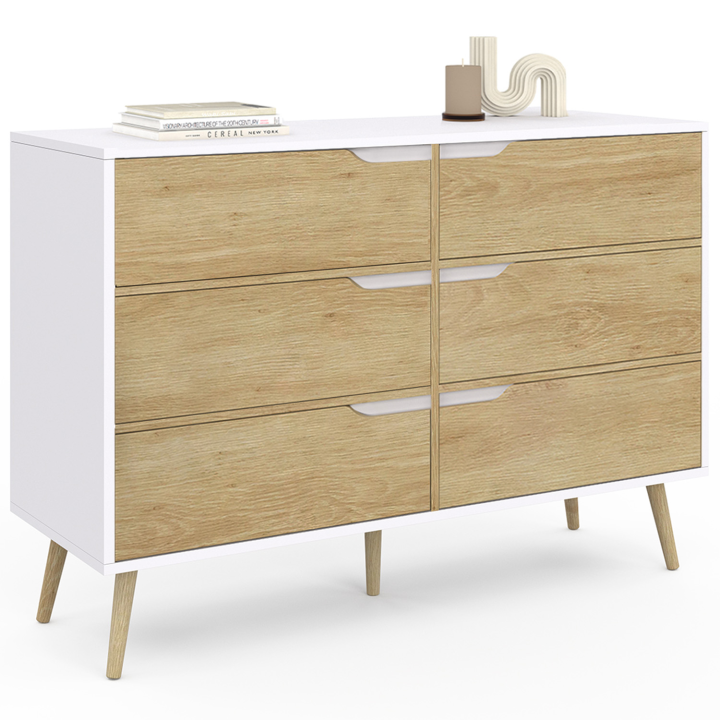 Commode 6 tiroirs HELSINKI 115 cm scandinave blanc et effet hêtre Commode 6 tiroirs HELSINKI 115 cm scandinave blanc et effet hêtre