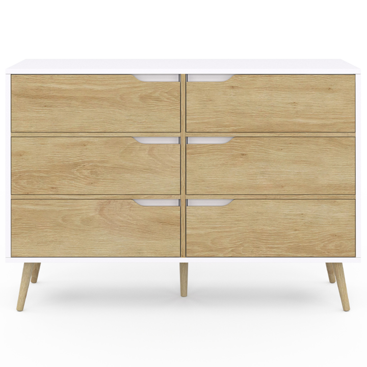Commode 6 tiroirs HELSINKI 115 cm scandinave blanc et effet hêtre Commode 6 tiroirs HELSINKI 115 cm scandinave blanc et effet hêtre