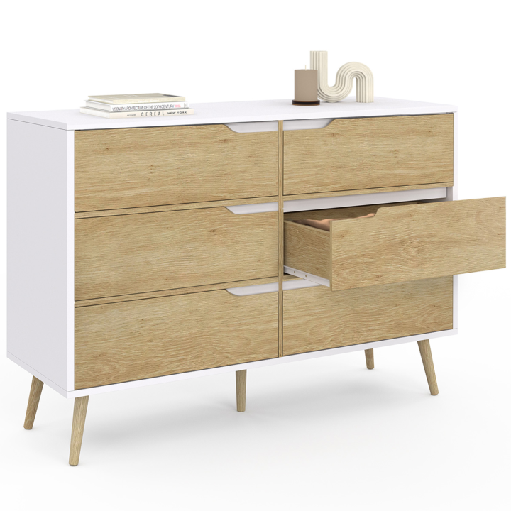Commode 6 tiroirs HELSINKI 115 cm scandinave blanc et effet hêtre Commode 6 tiroirs HELSINKI 115 cm scandinave blanc et effet hêtre