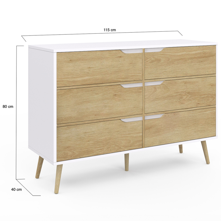 Commode 6 tiroirs HELSINKI 115 cm scandinave blanc et effet hêtre Commode 6 tiroirs HELSINKI 115 cm scandinave blanc et effet hêtre