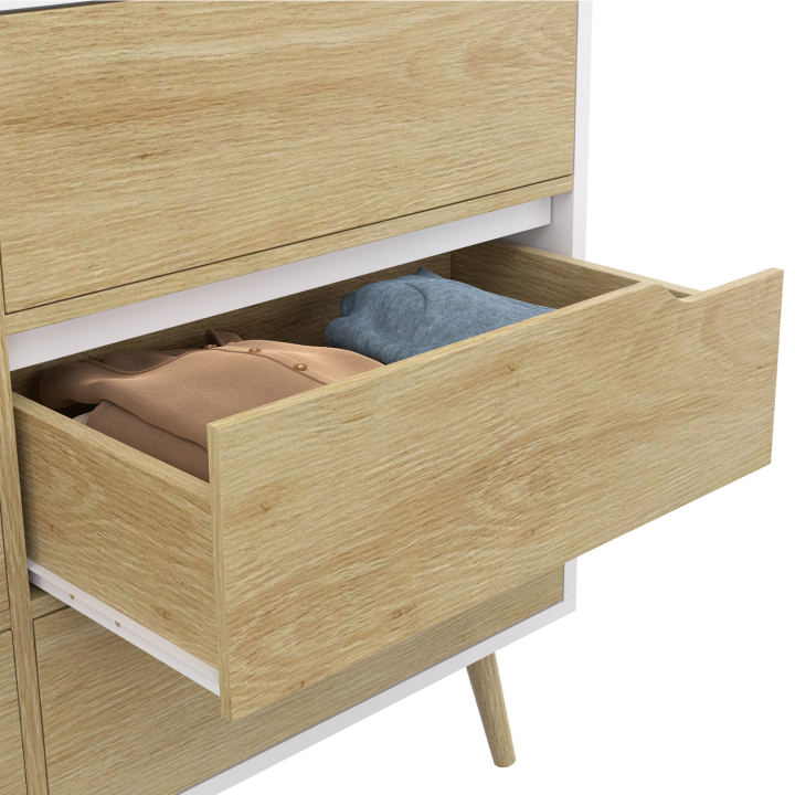 Commode 6 tiroirs HELSINKI 115 cm scandinave blanc et effet hêtre Commode 6 tiroirs HELSINKI 115 cm scandinave blanc et effet hêtre