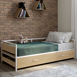 16374 - Divano letto in stile industriale Lit gigogne DETROIT 90 x 190 cm hêtre et blanc banquette convertible design industriel