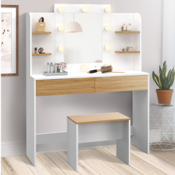 16468 - Frisierkommode aus Holz und Weiß mit LED-Spiegel und Hocker Coiffeuse ZELIA blanc et hêtre table de maquillage 4 étagères, miroir LED et tabouret