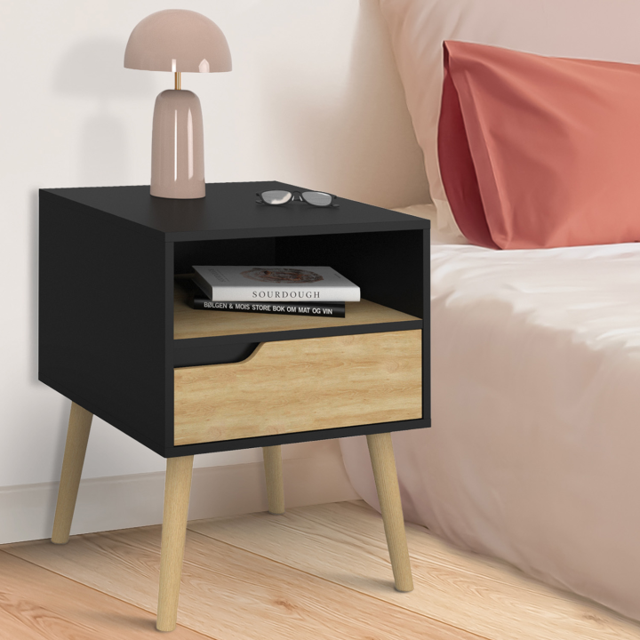 Lot de 2 tables de chevet HELSINKI 1 tiroir scandinave noir et effet hêtre Lot de 2 tables de chevet HELSINKI 1 tiroir scandinave noir et effet hêtre