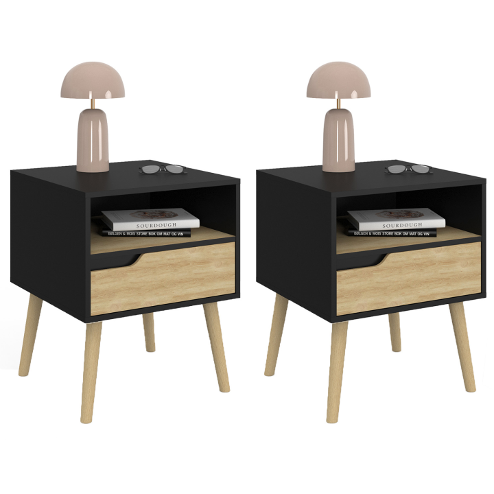 Lot de 2 tables de chevet HELSINKI 1 tiroir scandinave noir et effet hêtre Lot de 2 tables de chevet HELSINKI 1 tiroir scandinave noir et effet hêtre