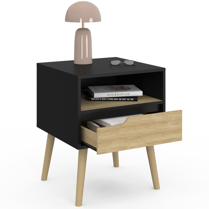 Lot de 2 tables de chevet HELSINKI 1 tiroir scandinave noir et effet hêtre Lot de 2 tables de chevet HELSINKI 1 tiroir scandinave noir et effet hêtre