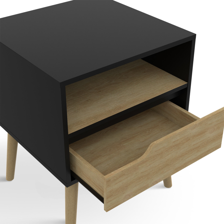 Lot de 2 tables de chevet HELSINKI 1 tiroir scandinave noir et effet hêtre Lot de 2 tables de chevet HELSINKI 1 tiroir scandinave noir et effet hêtre