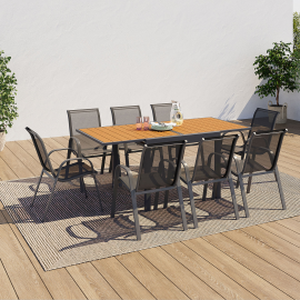 Salon De Jardin Extensible IDMarket Poly 12 Places - Table 135/270cm Bois Et 12 Chaises Noires, Design Contemporain